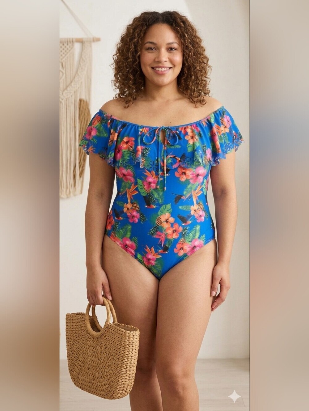Zawary Swimsuit Blue Floral Ruffle Top One Piece Cut Out Design Size XL
